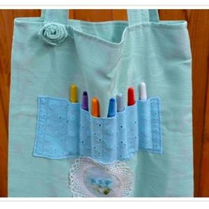 Handmade girl’s eyelet doily crayon coloring book holder art fabric tote bag